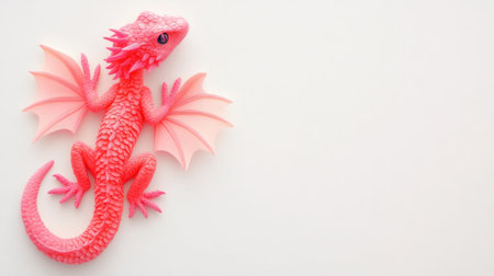 A top-down view of a pink dragon figurine with wings, placed on a white surface.の素材