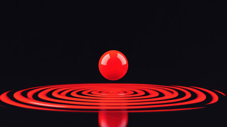 A vibrant red sphere hovers above concentric ripples, creating a visually striking composition against a dark background.の素材