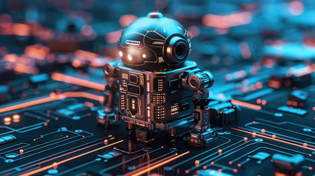 A detailed image of a robot standing on a circuit board, representing technology and innovation.の素材