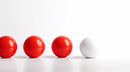 A row of red spheres with one white sphere, representing uniqueness and standing out.の素材