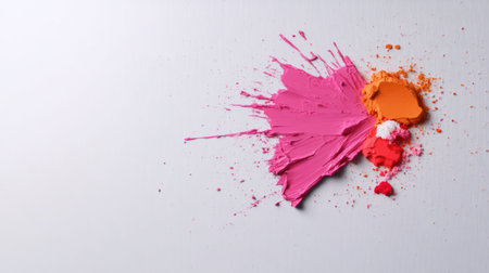 A dynamic abstract composition featuring a splash of pink and orange paint on a white background, creating a visually striking effect.の素材
