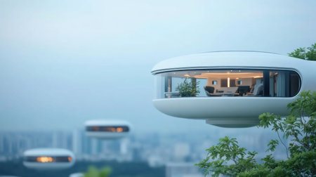 A captivating image of futuristic architecture, showcasing modern buildings with a focus on design and environment.の素材
