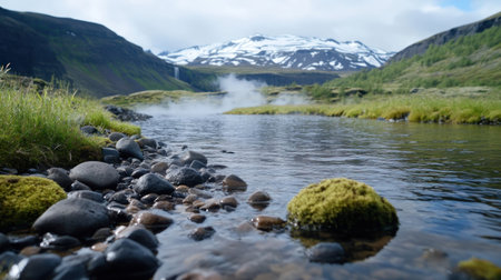 A beautiful landscape featuring a river, rocks, lush green vegetation, and snow-capped mountains under a cloudy sky.の素材