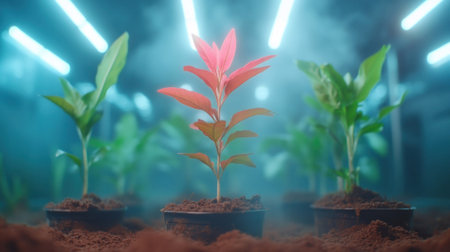 A captivating image showcasing three young plants bathed in the glow of bright blue lights within a dimly lit environment.の素材