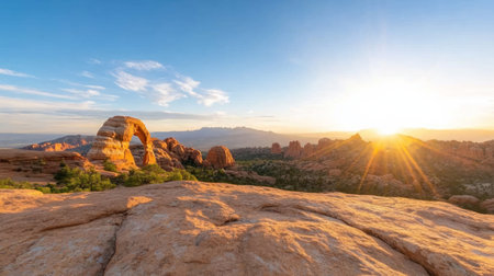 A stunning view of a desert landscape with rock formations illuminated by the morning sun.の素材