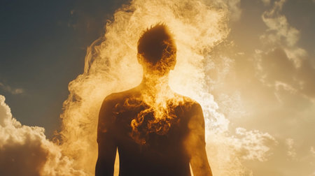 A person engulfed in flames, symbolizing transformation, rebirth, and the human spirits resilience.の素材