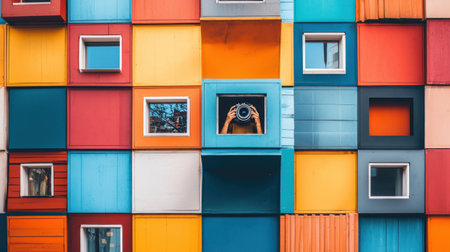 A vibrant wall with square windows, some with images, and a person taking a photo in one of them.の素材