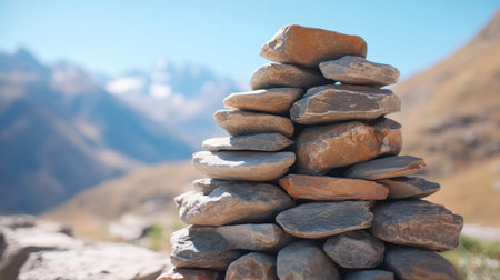 A pile of stones stacked on top of each other, with a mountain range in the background under a clear blue sky.の素材