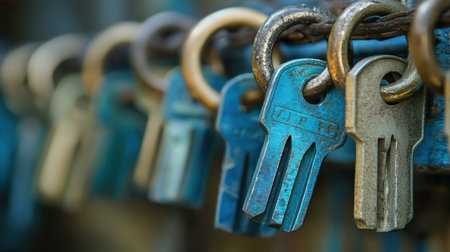 A close-up shot of a collection of keys hanging on a metal ring, with a shallow depth of field.の素材