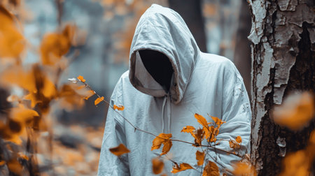 A person in a hoodie stands in a forest with fall colors, creating an air of mystery and anonymity.の素材