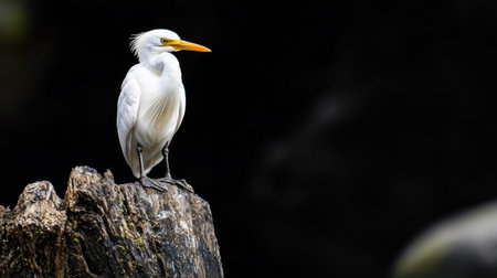 A stunning photograph of a white egret standing on a tree stump against a dark background.の素材