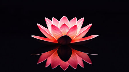 A stunning image of a pink lotus flower, perfectly reflected in the water against a stark black backdrop, creating a sense of peace and tranquility.の素材