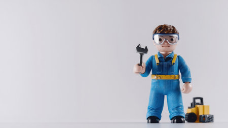 A mechanic toy figure holding a wrench with a small bulldozer on a white background.の素材