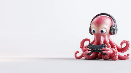 A cute pink octopus wearing headphones and playing a video game, set against a clean white backdrop.の素材