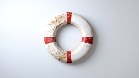 A close-up shot of a white lifebuoy with red stripes, isolated on a white background.の素材
