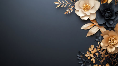 A stunning floral arrangement featuring paper flowers in gold, white, and navy against a dark backdrop. Perfect for elegant designs.の素材