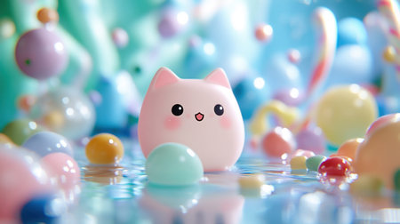 A charming image featuring a pink cat figurine amidst a playful scene of bubbles and reflections, creating a whimsical and delightful atmosphere.の素材