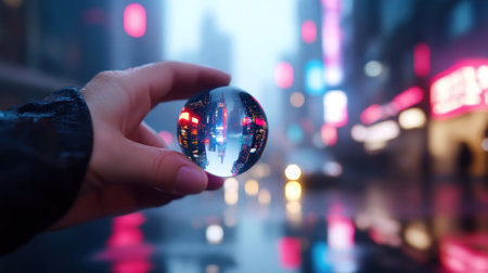 A hand holding a crystal ball, reflecting the vibrant lights of a city, creating a captivating visual.の素材