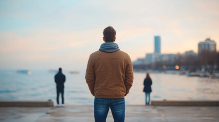 A man stands facing the sea, lost in thought, with two figures in the distance. The scene evokes a sense of solitude and introspection.の素材