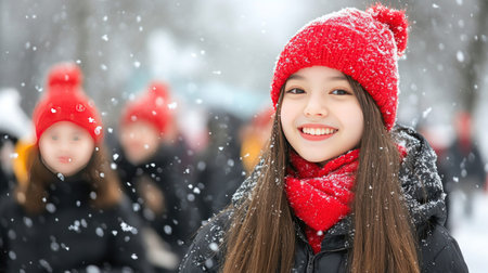 A happy young girl wearing a red hat and scarf smiles in the snow, with other people in the background.の素材