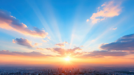 A stunning view of a sunrise over a city, with vibrant colors and dramatic clouds.の素材
