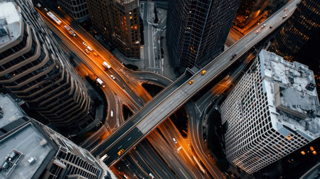 An overhead shot of a city at night, showcasing a complex road network with car lights and tall buildings.の素材