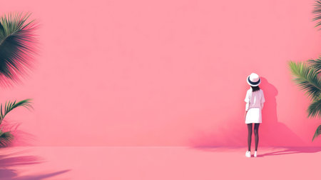 A woman in a white dress and hat stands against a pink background with palm leaves.の素材