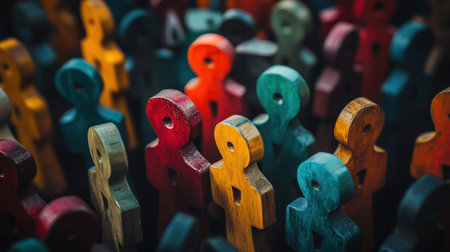 A vibrant image of wooden figures in various colors, representing diversity, inclusion, and community spirit.の素材