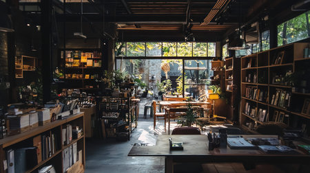 A warm and inviting bookstore interior with sunlight streaming through the windows, highlighting the books and creating a relaxing atmosphere.の素材