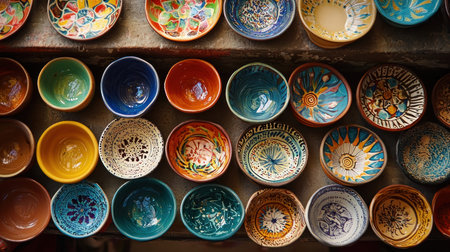A vibrant collection of handcrafted ceramic bowls with intricate designs and patterns, arranged on a wooden shelf.の素材