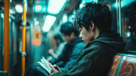 A young man is deeply engrossed in reading a book while seated on a public transportation vehicle, likely a bus or train.の素材