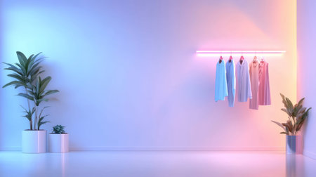 A minimalist interior design with clothes hanging on a rack and plants in pots. The room is lit with a soft, colorful glow.の素材