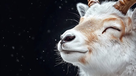 A detailed close-up shot of a white goat with closed eyes, set against a dark background, conveying a sense of peace and contentment.の素材