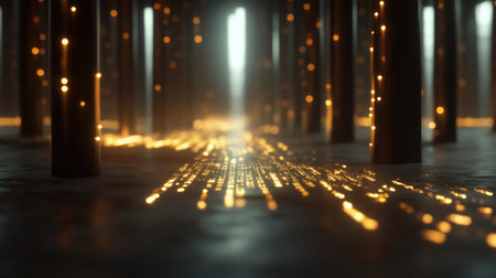 An artistic rendering of a dark industrial interior with pillars, illuminated by focused light beams, creating a mysterious atmosphere.の素材
