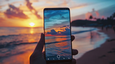 A hand holding a smartphone with a stunning beach sunset displayed on the screen, capturing the beauty of nature.の素材