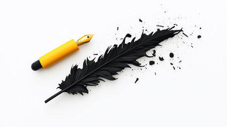 A yellow pen and a black feather with ink splatters on a white surface, representing creative writing and artistic expression.の素材