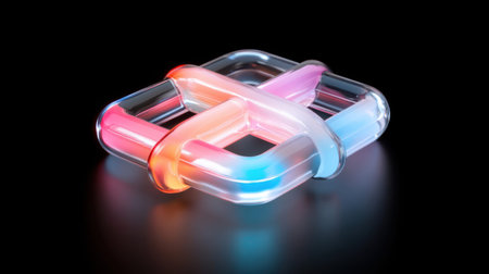 A visually striking 3D render featuring intertwined transparent shapes with vibrant color gradients, set against a stark black backdrop.の素材