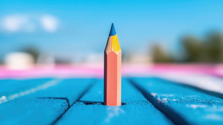 A close-up shot of a pencil standing upright on a blue surface, with a blurred background.の素材