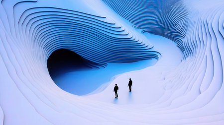 Two silhouetted figures stand in a vast, abstract architectural space, exploring a layered, wave-like structure.の素材