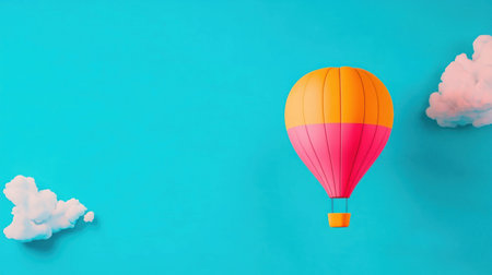 A vibrant hot air balloon against a clear blue sky with fluffy white clouds, perfect for travel and adventure themes.の素材