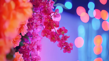 A close-up shot of a beautiful floral arrangement with a soft bokeh background. The flowers are in full bloom, and the colors are vibrant and eye-catching.の素材