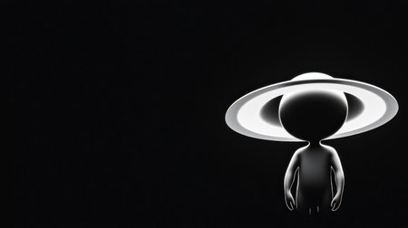 A striking black and white image featuring an alien-like figure under a bright, ringed object, possibly a UFO.の素材