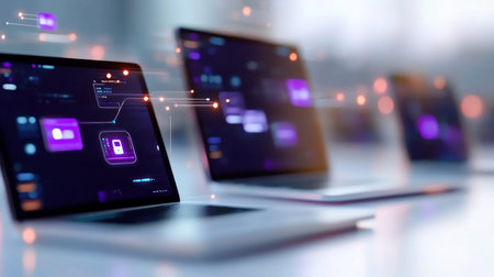 Close-up shot of three laptops with digital interfaces, showcasing data visualization and technology.の素材