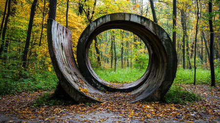 An artistic spiral sculpture stands amidst a vibrant autumn forest, creating a unique blend of nature and art.の素材