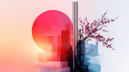 A beautiful artistic composition blending Japanese elements with a modern cityscape, featuring cherry blossoms and a vibrant sunset.の素材