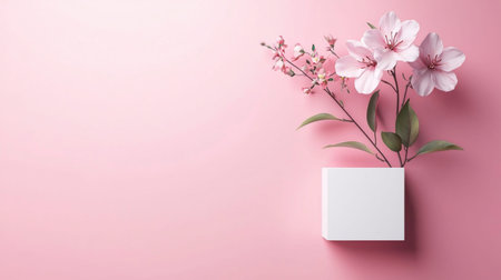 A beautiful composition featuring delicate pink flowers and a clean white square, set against a pastel pink backdrop.の素材