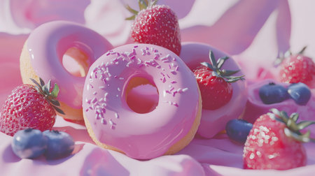 A beautiful image of pink donuts decorated with sprinkles and topped with fresh strawberries and blueberries, perfect for dessert lovers.の素材