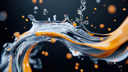 A vibrant image capturing a water splash with orange and blue hues, set against a dark backdrop, showcasing fluid motion and artistic design.の素材