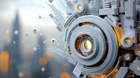 Close-up of a detailed mechanical structure with a futuristic aesthetic, set against a blurred cityscape.の素材