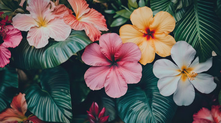 A close-up shot of colorful hibiscus flowers in full bloom, surrounded by rich green leaves. The image captures the beauty and detail of the tropical flora.の素材